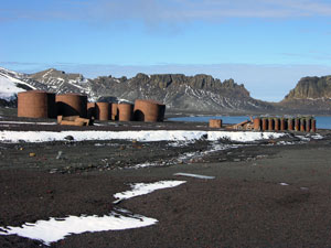 Rusting tanks left from the whaling industry on Deception Island. (Photo by Larry Madin, WHOI)