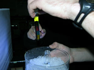 The density experiment is completed and Brennan can see how dense the pellets are by seeing which layer they have settled to.