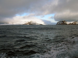 The approach to Deception Island lies through a narrow opening between cliffs, called &ldquo;Neptune&rsquo;s Bellows.&rdquo; (Photo by Diane DiMassa, Massachusetts Maritime Academy)