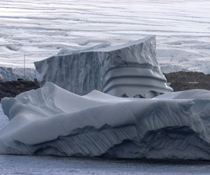 Icebergs sculpted by waves slowly drift past Palmer Station. (Photo by Jun Nishikawa, University of Tokyo)