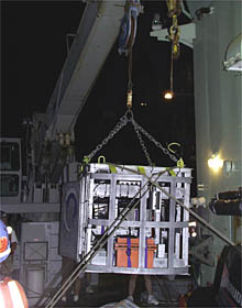 The Towed Camera Sled being lifted off the deck after passing all of it’s checks.