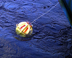 A transponder just after it is lowered into the water. The ship slowly moves away from it as the tether line is paid out. After all 185 meters of tether is paid out, the anchor is kicked over the side and the transponder sinks to the seafloor to start its work. 