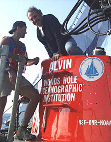 Dana climbs out of Alvin after a long but very productive day at the office on the seafloor at the East Pacific Rise crest. 
