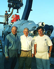 Bob James (left), Gary Comer (middle) and Pat Hickey the Expedition Leader pose for a group photo before today's dive.