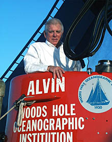 Gary Comer gets ready to go down the ladder into Alvin. 