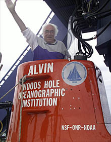 Lou Cabot climbs out of Alvin after his dive. The photo says it all! 