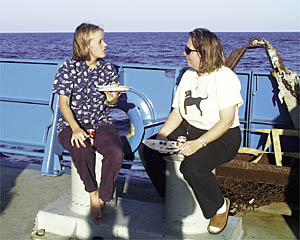 Jenny and Mitzi talk about the cruise and life on board ship at the barbeque.