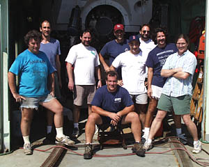 The Alvin group poses in front of the hanger. We sincerly thank them, and their colleagues in the shorebased Deep Submergence Group at Woods Hole Oceanographic for all of the great work they have done on this cruise in helping us to collect our data. Thanks too to the crew of R/V Atlantis for their expert handling of the ship during the night surveys and launch and recovery of the Towed Camera Sled, and for keeping us safe, happy, and well-fed! during our time at sea. You are GREAT! 