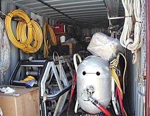 Large, heavy scientific equipment, such as the Argo II mapping system and the DSL-120 sidescan sonar system, are shipped in large containers. The containers are sent to ports to rendezvous with ships on which they will be used. 