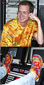 The prize for most colorful attire in the Control Van goes to Peter Lean and his Hawaiian print shirt, and PJ Bernard for his homespun slippers. These should keep folks awake on watch!