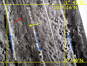 A DSL-120 sonar image of the same area. The field of small volcanic cones mentioned in the previous slide can be seen straddling the 102&deg; 16’W longitude line. The yellow arrow points to the axial summit trough at the East Pacific Rise crest in this area. It is only about 100 meters wide. The red arrow points to an area where the walls of the trough have been hidden, probably by a recent volcanic eruption that flowed over them. 