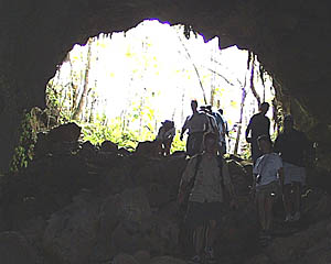 Down into the lava tube! Our intrepid explorers enter the lava tube on Santa Cruz Island that they visited yesterday. The entrance is about 10 meters across.