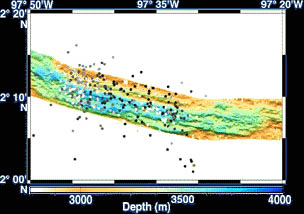 A multibeam bathymetric map, shown as a shaded-relief image, that Uta Peckman produced using the data we collected last week. The seafloor appears as if it were illuminated from the south. The seismic epicenter locations analyzed by Maya Tolstoy, Julia Getsiv and Chris Fox are shown as black, gray or white dots. The black dots represent earthquakes that occurred first. The gray dots are earthquakes that occurred next, and the white dots are the most recent earthquakes that took place in a swarm about 18 months ago. The small yellow stars are seismic events detected by the land-based global seismic network. The next slide shows a 3-D image of this multibeam sonar data. 