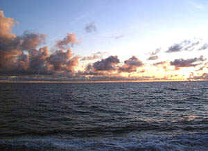 The beautiful dawn light this morning as R/V Melville arrived on station at the Galapagos Rift near 2&deg; 06’N and 97&deg; 30’W. 