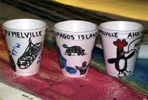 Some of the styrofoam “shrink” cups that Ben Wigham made this evening to send down on the Argo II lowering tomorrow. We'll show you how small they get in a few days!