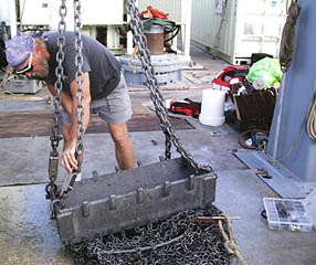 Ron Comer, the Scripps Resident Technician, checks the shackles to make sure they are secure. The shackles are the U-shaped pieces of metal that connect the chain to the dredge. Imagine a U-shaped piece of cast steel that has a bolt joining the two sides of the “U”. In this picture, the bolt of the shackle is through the dredge and the chain is hooked into the bend of the upside down “U”. Shackles are a common fastener used on ships. They come in many different sizes and strengths. Because the bolt opens, shackles can be used to connect many different sizes and shapes of lines and equipment.