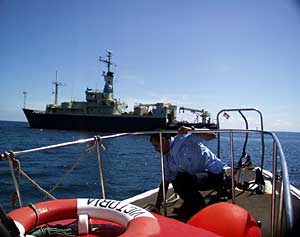 Boats shuttle people and gear to their home and workplace for the next 40 days, the Knorr. Launched in 1968, the ship was named for U.S Naval engineer and cartographer Ernest R. Knorr. In 1985 the Knorr helped in the hunt to find the long-lost luxury liner Titanic. 