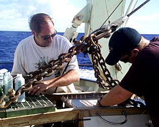 Robert “Yogi” Elder and Paul Johnson test the electronics on the ROV. 