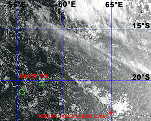 Image of cloud cover in our area received from polar-orbiting satellites at 0017 Zulu (GMT) today. Knorr’s position at 1400 Zulu is at the bottom right near 65&deg;E. Although it is partly cloudy and likely to rain tonight, we are glad we are not further north in the thick clouds.  