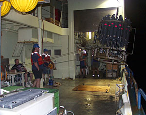 Darkness doesn’t stop the scientists and crew from their work. After dinner they headed out on deck to assist in retrieving the CTD.  