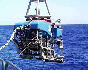 The back end of ROV Jason shows the fiber optic cable, which connects to Medea and then to the ship.  