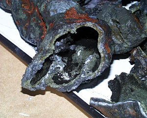 A piece of a black smoker chimney collected by ROV Jason. The chimney wall is only 0.5 cm thick (about one-fifth of an inch).  