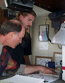 Second Mate Doug Mayer (left) and Chief Mate Kent Sheasley review the status of ship operations during the 1600 hours watch change.  