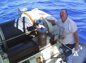 Oiler Calvin Lawson makes sure everything is running smoothly with the hydrographic winch after the engineers replaced the brushes in its motor today.  