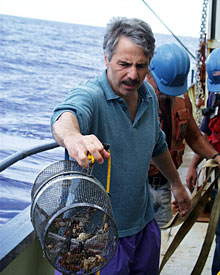 Geologist Dan Fornari holds a trap containing crabs that were caught near one of the hydrothermal vents at a depth of about 2,430 meters. He is wincing because of the smelly fish inside, used for bait in the trap.  