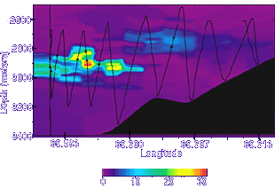 This shows a cross section of a hydrothermal plume above the eastern wall of the rift valley near 24°S on the Central Indian Ridge. The vertical axis represents water depth and the horizontal axis shows the distance across the ridge during a Tow-Yo. The red/yellow area shows the region with the greatest concentration of particles in the water. This is one of the signs of a hydrothermal plume.  