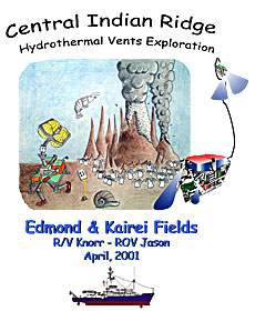 Graduate student Robbie Young designed the cruise T-shirts, which feature black smoker chimneys and our “runaway” elevator that disappeared from the seafloor mid-way through the expedition.  