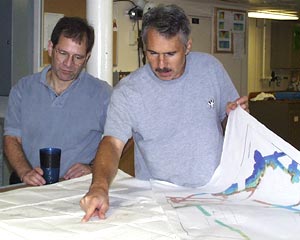 During the afternoon in port, Mark Kurz, the Chief Scientist (left) and Dan Fornari review some of the cruise objectives with the science party in the main lab.  