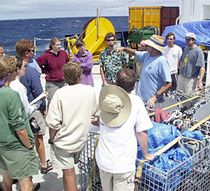  Gene Pillard explains to the science team how a rock dredge works. We will use the dredge to collect samples of lava rocks from the sea floor on the flanks of Isabela and Fernandina Islands. 