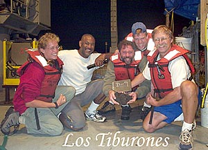 The 0-4 watch, AKA “Los Tiburones” (Spanish for ‘The Sharks’), display one of the rock samples they recovered last night in Dredge #9. From left to right: Karen Harpp, Able Seaman Butch Harty, Alberto Saal, Robert Otto, and Bob Reynolds. 