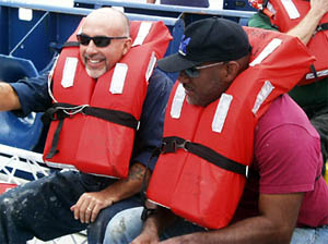Victor Barnhart (left), Bosun, and Butch Harty, Able Seaman, during the abandon ship drill on Revelle’s bow.  