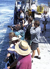  Scientists lined the rail of Revelle today to photograph Fernandina. 