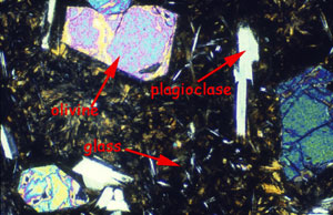  This thin section of basalt allows us to see the crystals in greater detail and through polarized light that is shining through the very thin slice of polished rock. Arrows point to olivine, plagioclase, and glass, the three principal components of submarine pillow basalt. Photomicrograph by Mike Perfit, U. Florida.  
