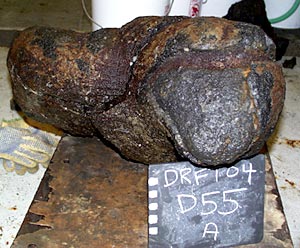  This large pillow lava was recovered in dredge 55 late yesterday. The tip of the pillow shows the jagged edge where the lava squeezed out. 