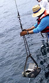  We deployed a small grab sampler today to try and collect surface sediments from one of the terraces we are dredging. A grab is basically two, large, open jaws that snap shut and scoop up sediment when it hits the bottom. This picture shows the grab being recovered by Gene Pillard, Res. Technician. 