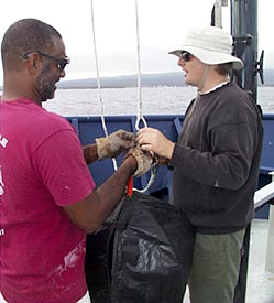 Butch Harty (left), and Eric Wakeman, Chief Mate, raise the anchor signal to the fore mast.  