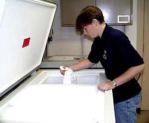 Rhian Waller catalogues the biological samples frozen at -70 degrees Celsius. These samples will be flown back to Woods Hole with dry ice packed around them to keep them cold. 