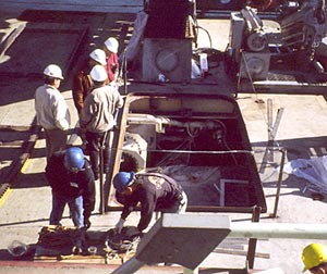 Two holes had to be cut in R/V Atlantis&rsquo; fantail last month to remove the motors for repair.