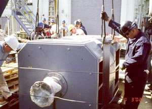 Two holes had to be cut in R/V Atlantis&rsquo; fantail last month to remove the motors for repair.