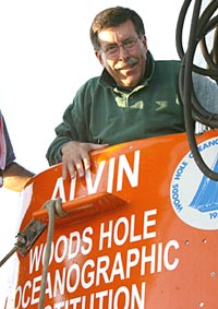  Co-Chief Scientist Steve Hammond emerges from Alvin. The crew saw a rich variety of lava formations, which pleased a geologist like Hammond.