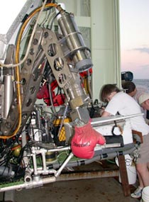  Old boxing gloves are placed on the &ldquo;hands&rdquo; of Alvin&rsquo;s manipulator arms to protect them and to prevent people from getting accidentally snagged on them.