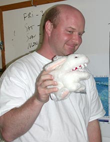 Tim Shank holds the stuffed &ldquo;killer bunny&rdquo; toy given to him as a joke by his colleagues. He vowed to say &ldquo;Rabbit, Rabbit&rdquo; today as his first words upon waking on the first of the month. He hopes it will bring us luck&mdash;and the discovery of an active vent site.