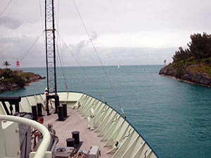 A Bermuda pilot helped guide our ship through this narrow path separating the protected cove from the wide open sea. Minutes later, he was in a boat heading back to land. We were on our own.