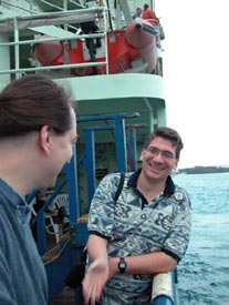 Co-chief Scientist Dan Scheirer, facing the camera, and Chief Scientist Jess Adkins share a light moment soon after we set sail. A great deal of planning goes into just getting to the point of departure, but these two guys have plenty of long days and difficult decisions ahead of them. 