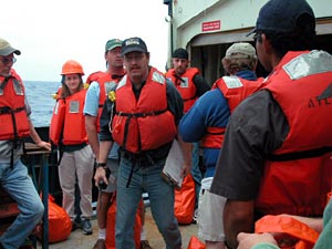 Second Mate Pete Leonard runs through procedures for getting into lifeboats. This is one of those times when people look at each other a little nervously, but 2nd Mate Leonard assured us each side of the ship has enough lifeboats for everyone on board. 