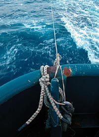 This is the view off the ship&rsquo;s stern, showing the fishing system set up by Able Seaman Patrick Hennessy. When a fish goes for the trailing lure, the rubber band visible in this photo snaps and shock-loads the bungee cord. At the same time, a steel weight drops to the deck floor, alerting crew members that a fish is on the line. 